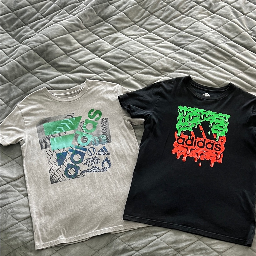 Adidas Kids Graphic Tees - Black and Gray with Green Accents